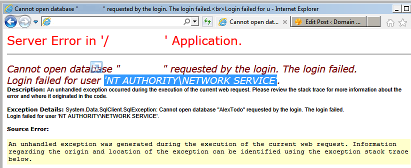 Cannot open database ... requested by the login. The login failed.